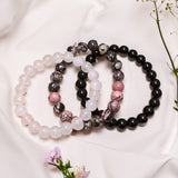 Trio of Bracelets "Peace & Balance" in Onyx, Rose Quartz & Rhodonite