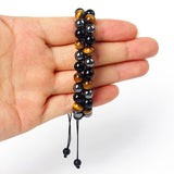 Adjustable Braided Bracelet "Triple Protections" in Hematite, Tiger Eye & Obsidian