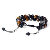 Adjustable Braided Bracelet "Triple Protections" in Hematite, Tiger Eye & Obsidian