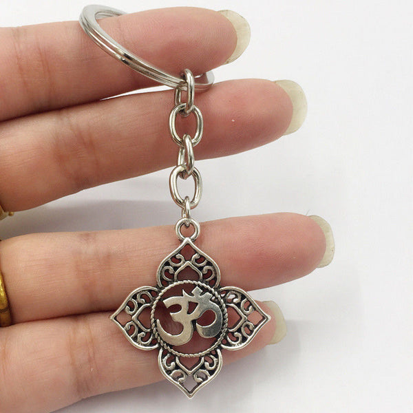 Ohm Om Aum Buddha Lotus Silver Pendant Buddhist Yoga Keychain Key Holder