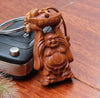 Wood Carving Natural Peach Wood Port Silver Keychain Buddha Door