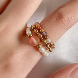 Set of Three Stainless Steel Natural Stone Rings with Beads