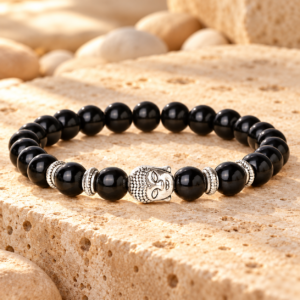 Buddha‑Kopf‑Armband mit schwarzen Perlen