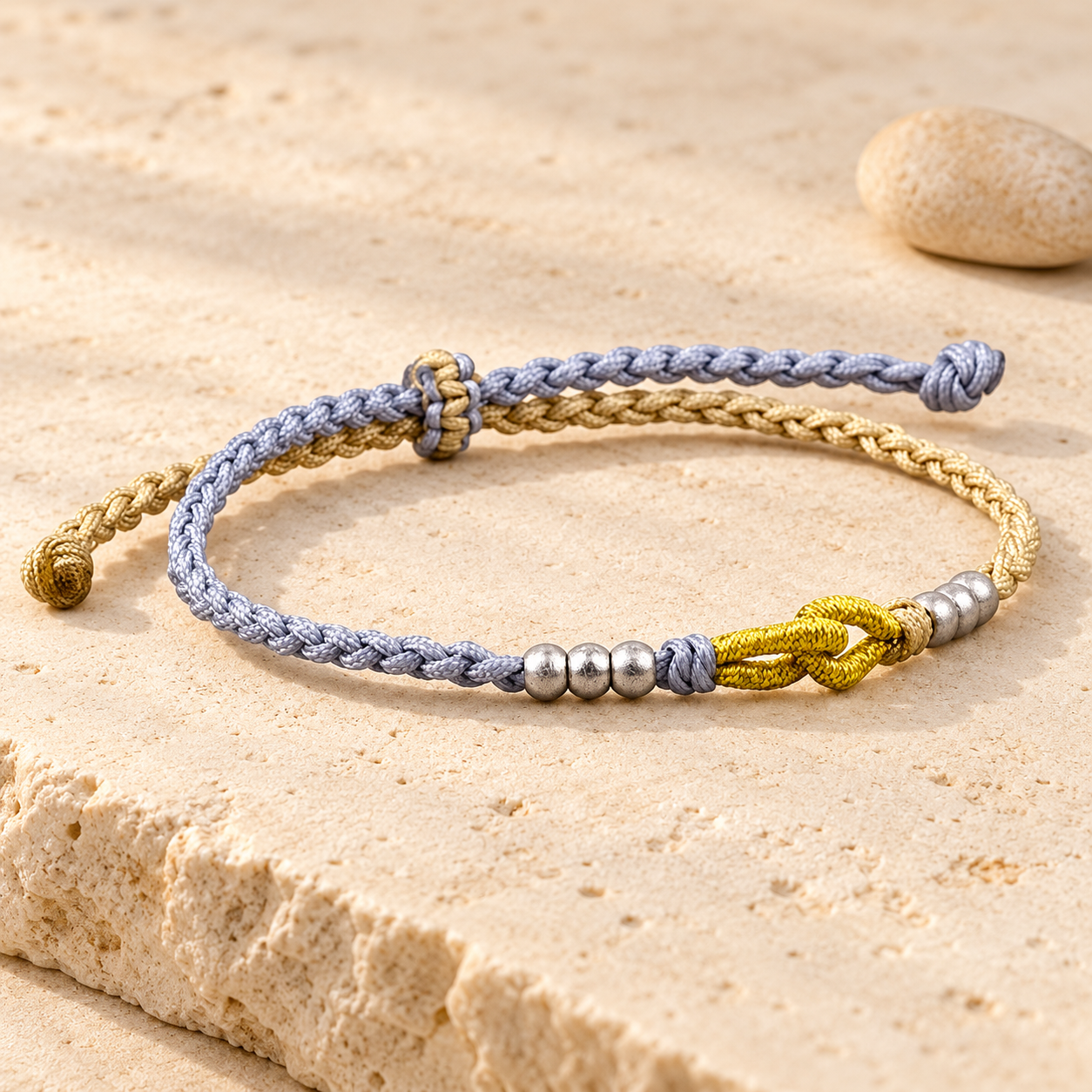 Graues und cremefarbenes tibetisches Knotenarmband auf blassem Kalkstein