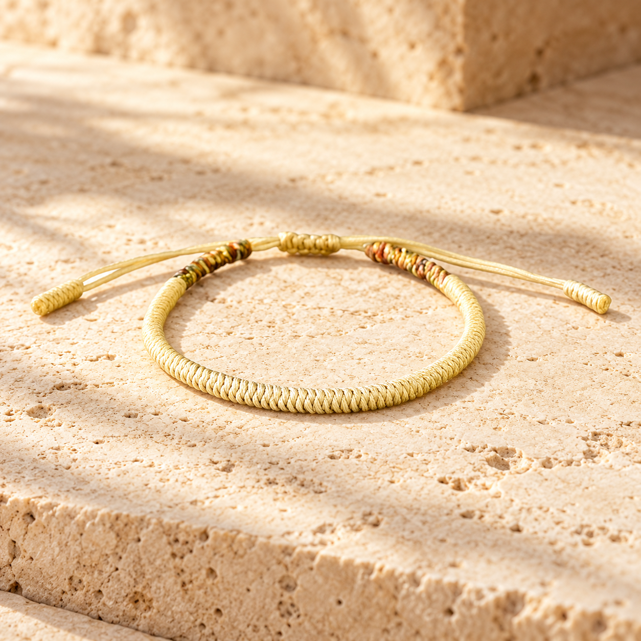 Beige verstellbares tibetisches gewebtes Armband auf natürlichem Travertinstein