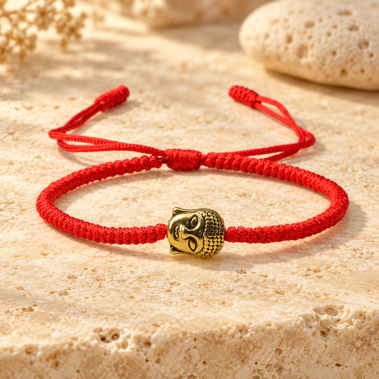 Buddhistisches tibetisches Armband auf warmem Naturstein