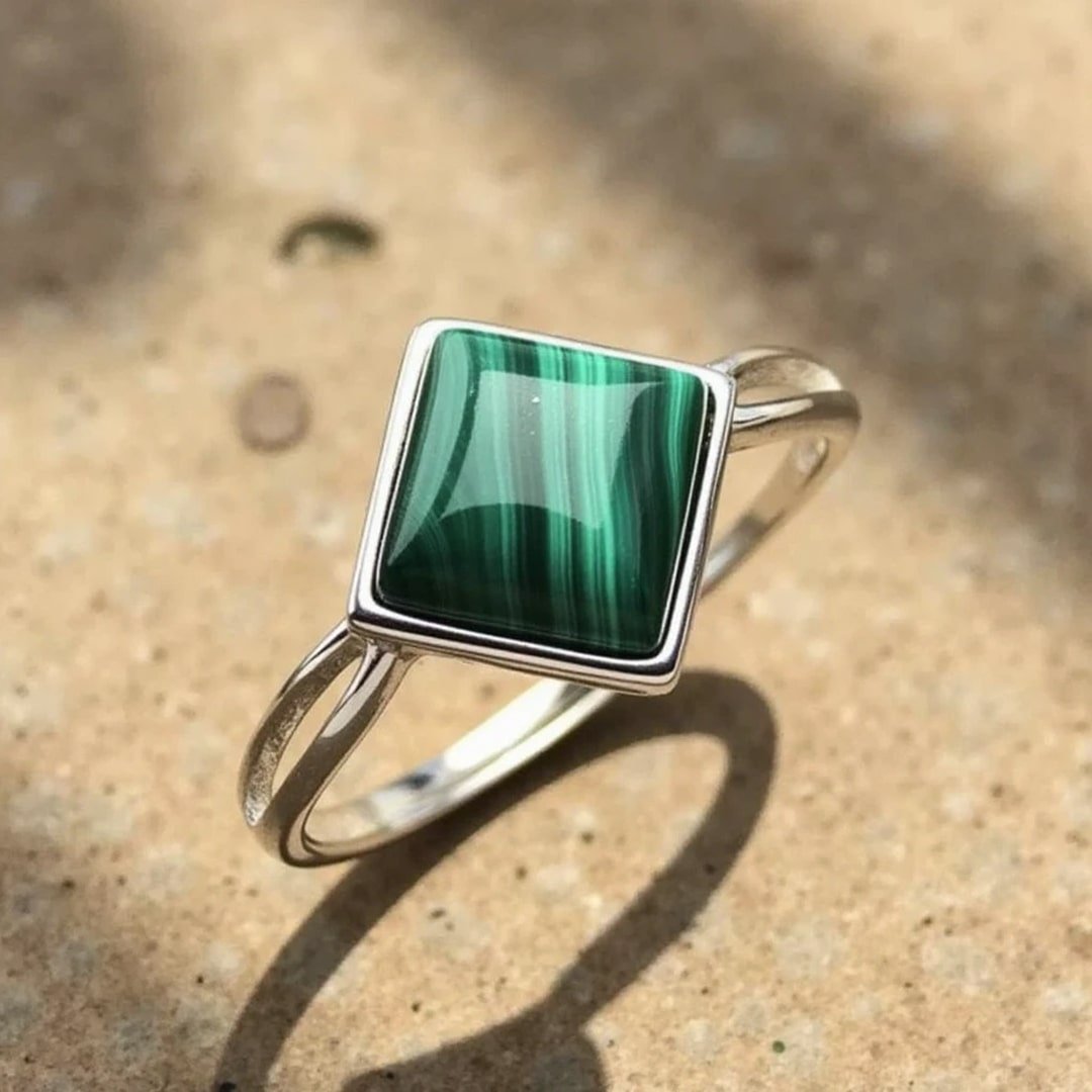 Verstellbar Ring "Verdant Sparkle" in Malachit - Square Shape