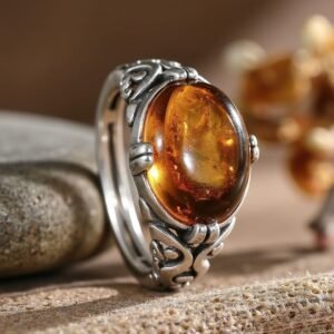 Verstellbarer Ring „Sonnenstrahlen“ aus Bernstein & Silber