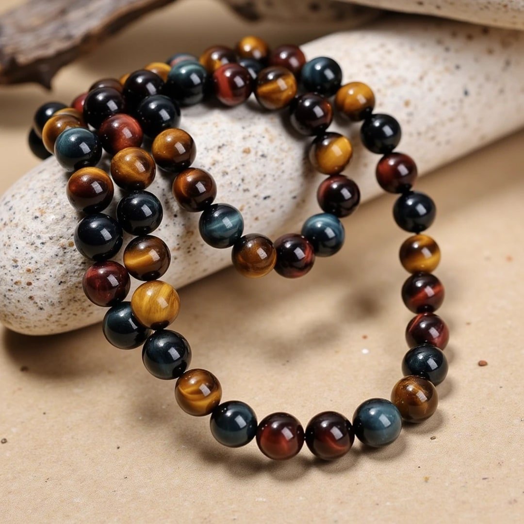 "Multiple Eye" necklace in Tiger's Eye, Hawk's Eye & Bull's Eye