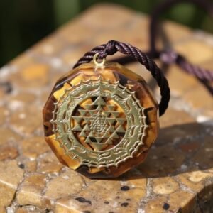 Orgonit-Anhänger „Sri Yantra – Heiliger Schutz“ mit Tigerauge