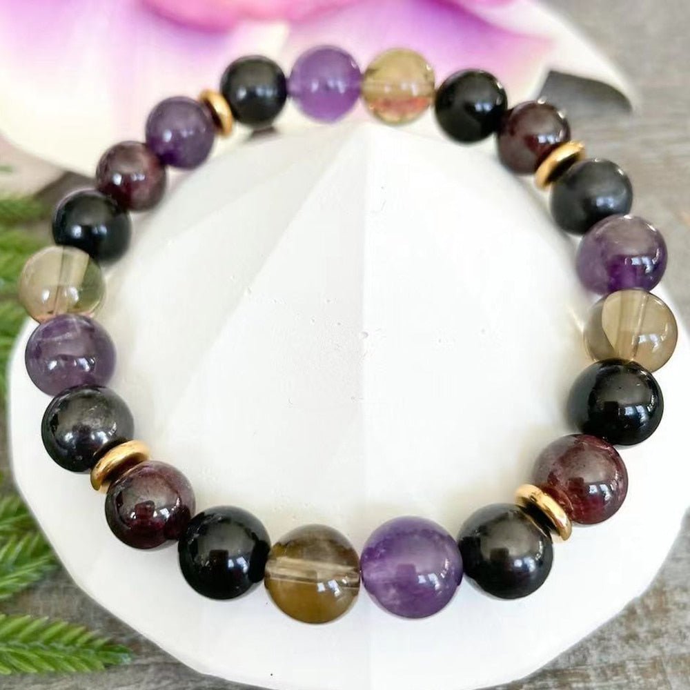 Bracelet "Harmony & Protection" in Shungite, Smoky Quartz, Amethyst & Garnet - Afbeelding 3