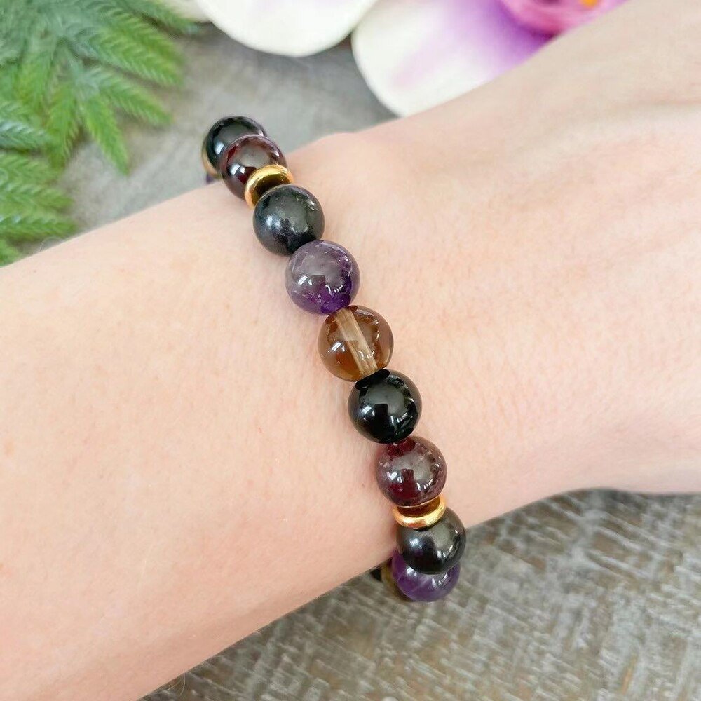 Bracelet "Harmony & Protection" in Shungite, Smoky Quartz, Amethyst & Garnet - Afbeelding 2
