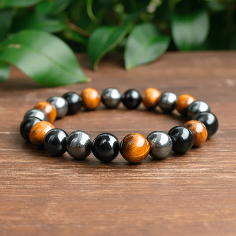 Bracelet "3 Protections" in Tiger's Eye, Hematite & Black Obsidian
