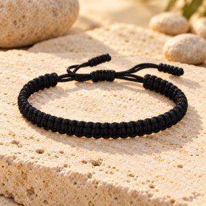 Authentic black Tibetan braided bracelet displayed on warm natural stone