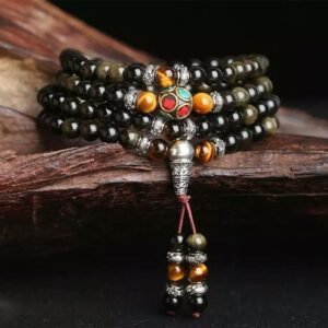 Buddhistisches Mala-Armband aus schwarzem & goldenem Obsidian