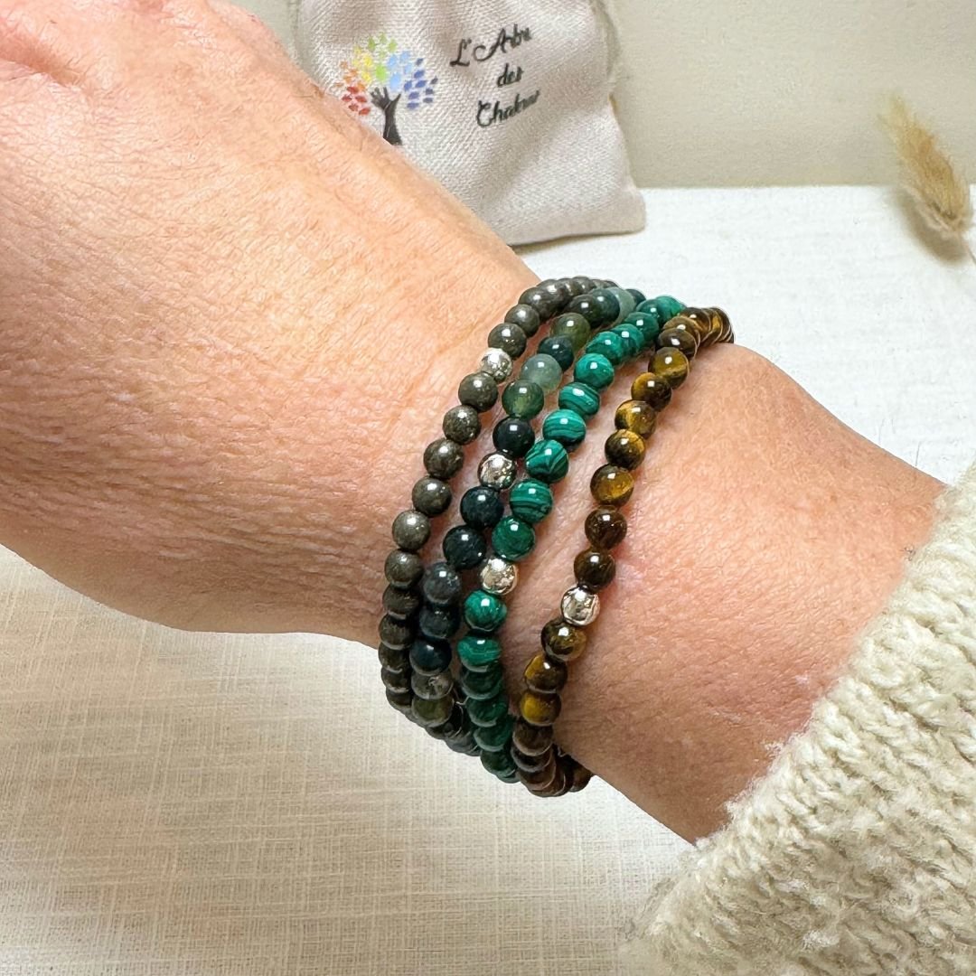 Natural Stone Bracelet Set in Pyrite, Malachite, Tiger’s Eye & Moss Agate – Bild 2