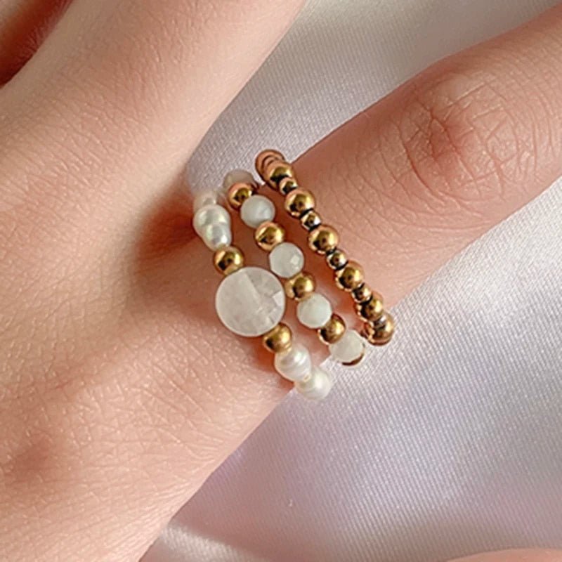 Set aus Three Naturstein Edelstahl Ringe mit Perlen