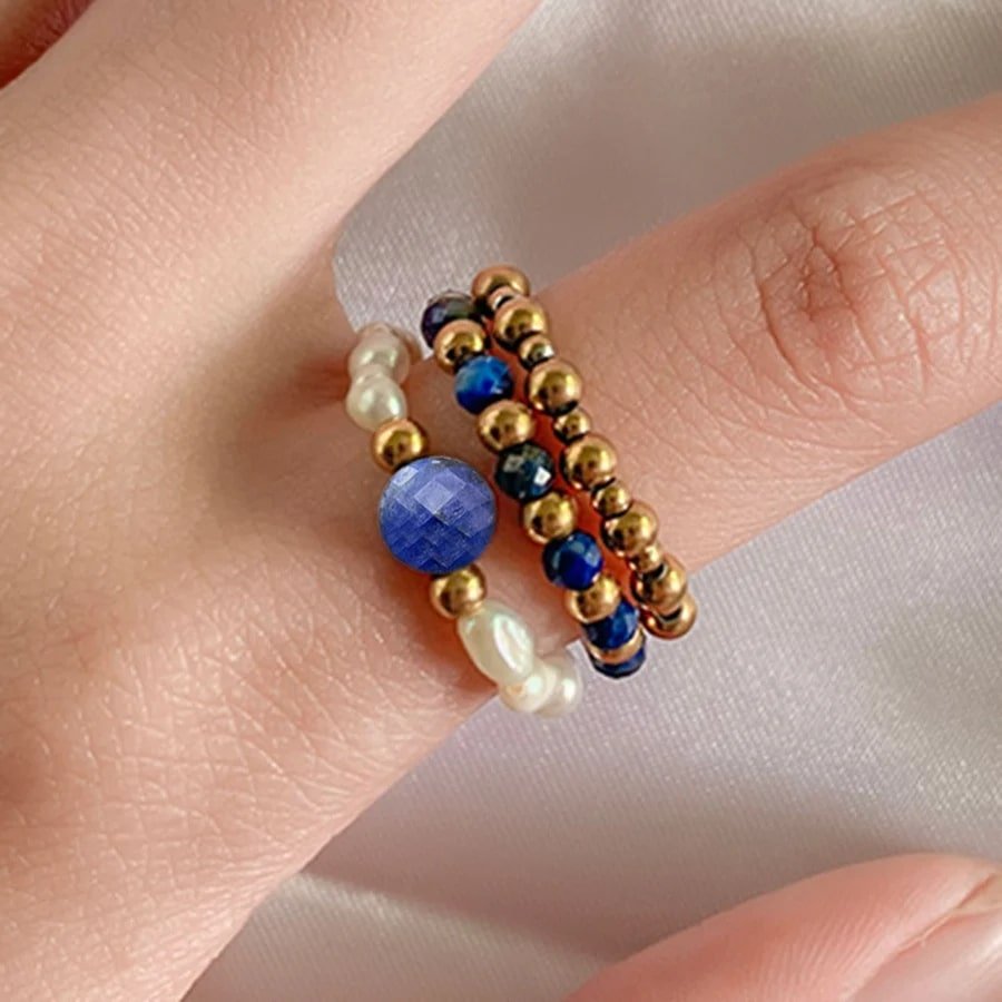 Set of Three Natural Stone Stainless Steel Rings with Beads – Bild 3