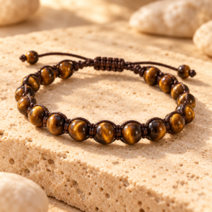 Genuine Tibetan tiger eye bracelet displayed on warm natural travertine stone