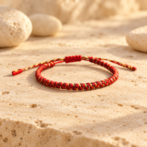 Red and yellow braided Tibetan lucky bracelet displayed on warm natural stone