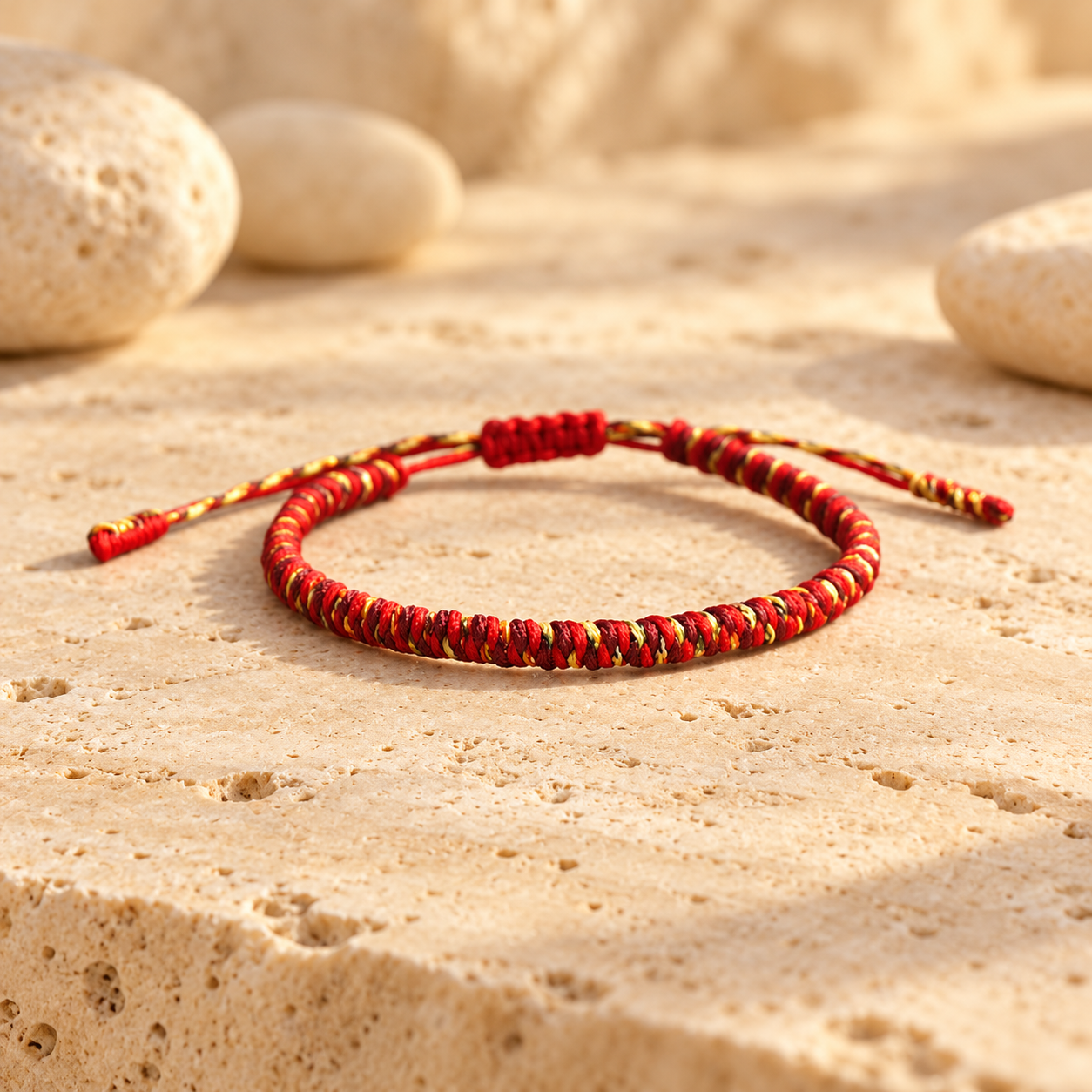 Red and yellow braided Tibetan lucky bracelet displayed on warm natural stone