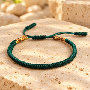 Green Tibetan lucky bracelet displayed on warm natural stone