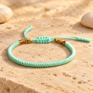 Turquoise Tibetan lucky bracelet displayed on warm natural stone