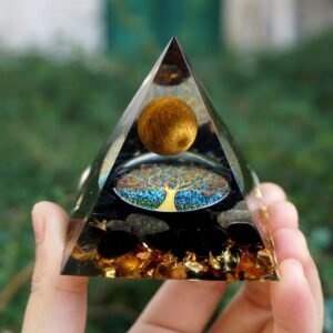 Orgonit-Pyramide „Wiedergeborener Lebensbaum“ mit Tigerauge & Obsidian