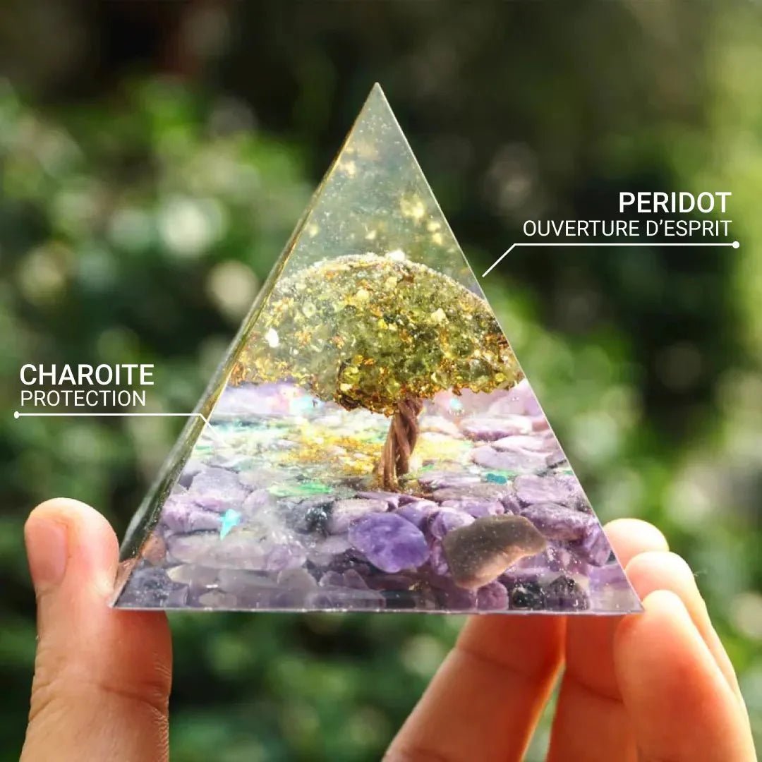 Orgonpyramide "Samsara - Wiedergeburtsbaum des Lebens" in Charoit & Peridot - Bild 2